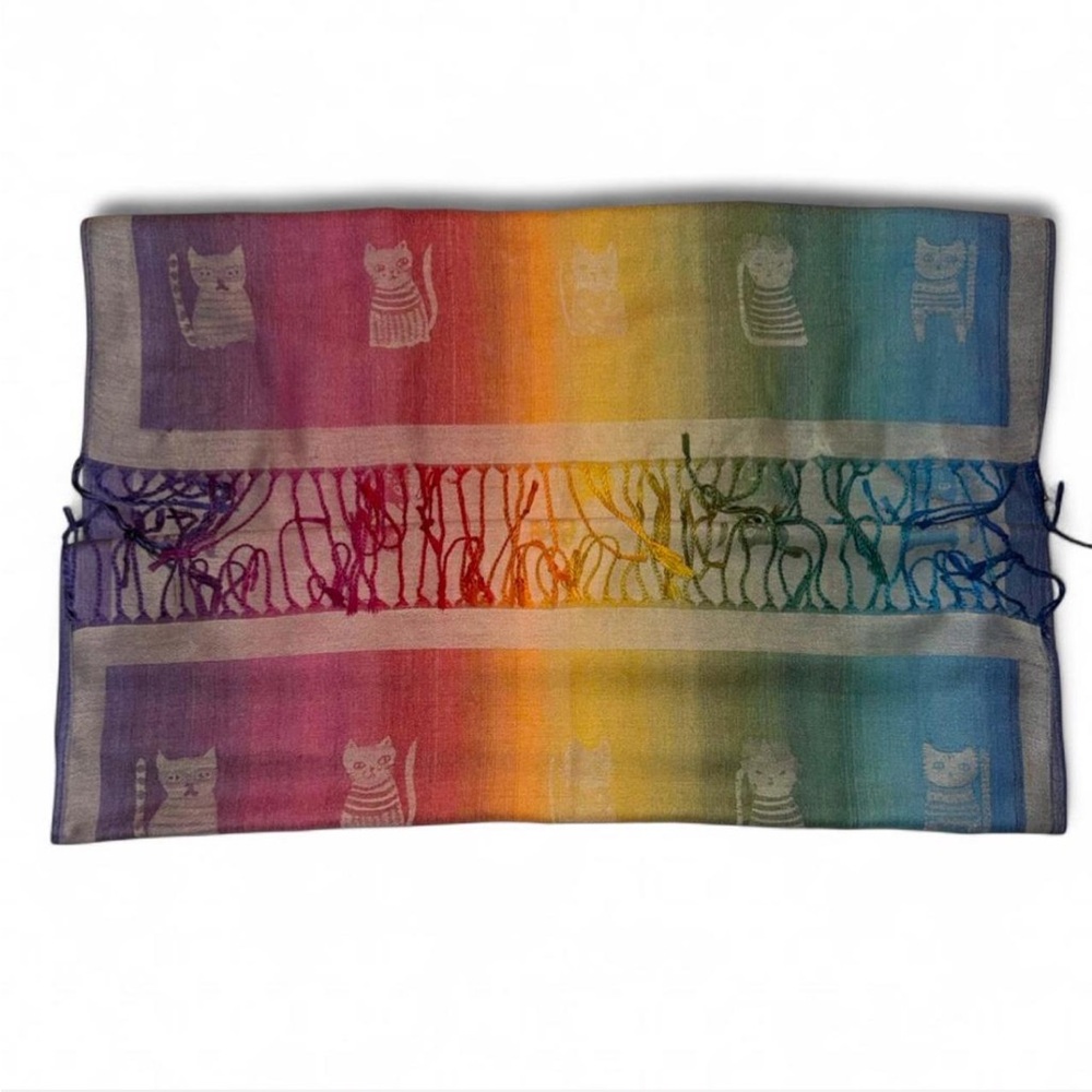 Y2K Rainbow Colorful Cat Print Fringe Scarf